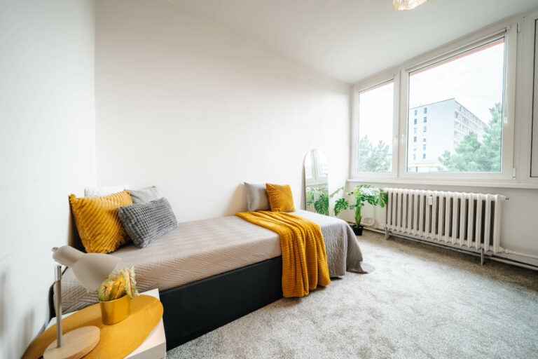 referenční byt v ulici Molákova v Praze Karlín pokoj který byl zrekonstruován firmou Dormitoryprague pro účely spolubydlení a správy nemovitostí ZDARMA